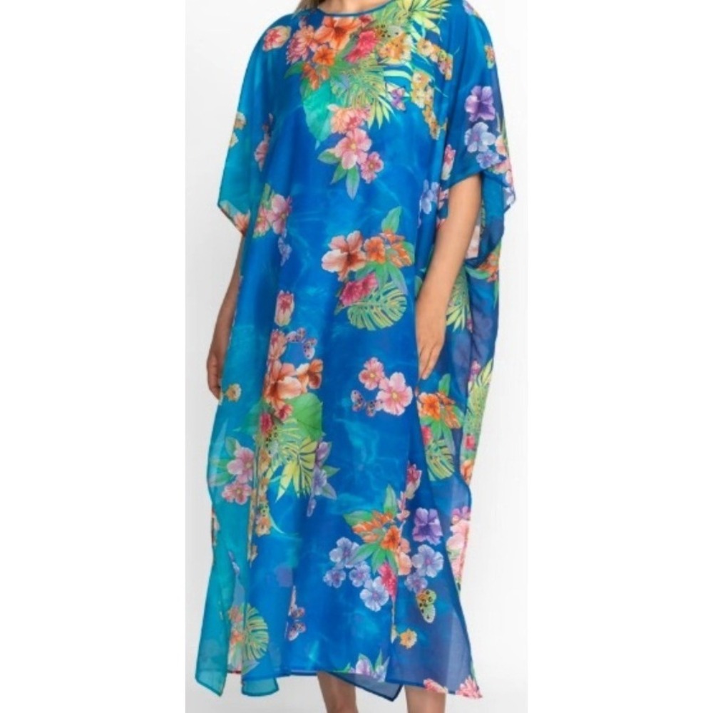 Johnny Was Blue Tie Dye Floral Silk Cotton Kaftan Dress CSW5923-A Small Medium - Picture 1 of 8